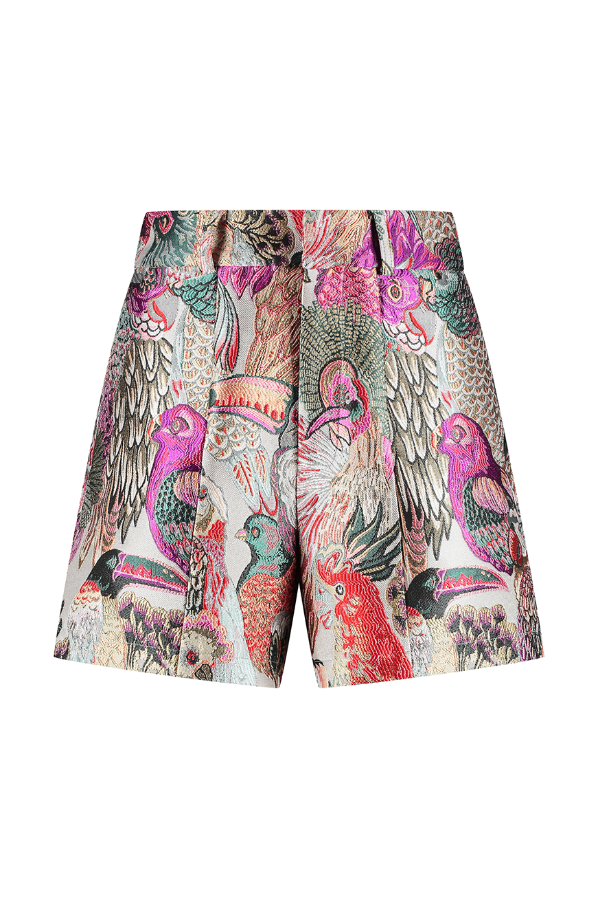 Studio Amaya Lola short met papegaaienprint, elastische tailleband, te combineren met Hailey bomber en Lucie top